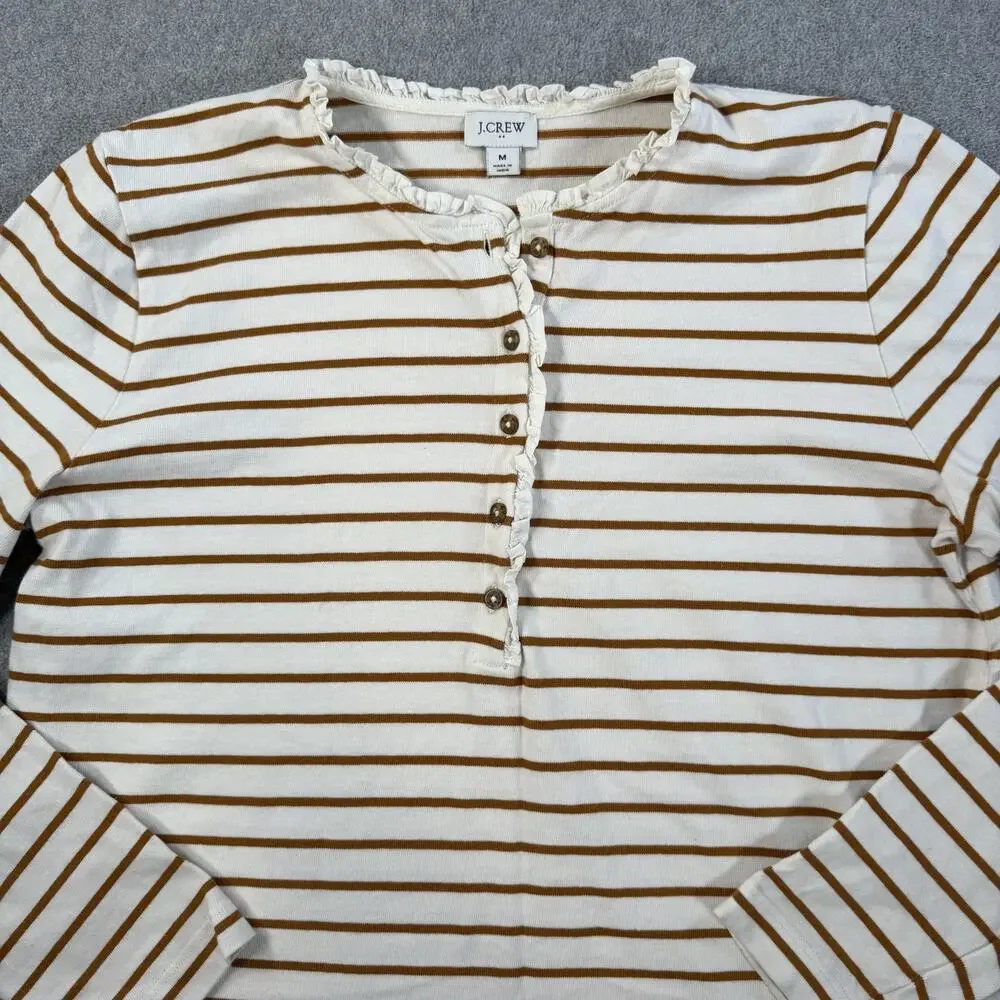 J.Crew Size Medium Striped Henley Ruffle Neck Long Sleeve Cotton Top BS211